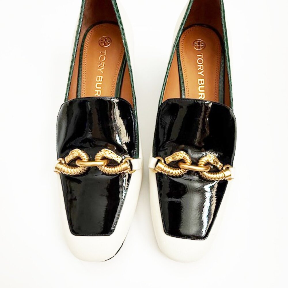 Tory Burch Jessa Heeled Loafers, Off White/Black Patent/Green trim, 10.5M